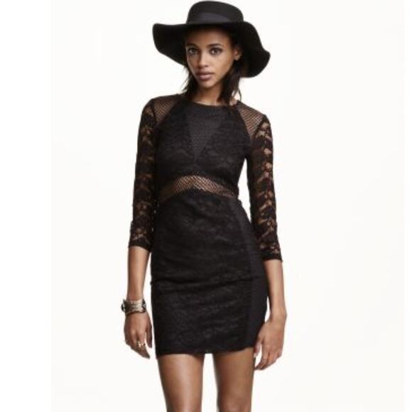 H&M Black Lace Mesh Dress 3/4 Sleeve Sheath 10 M Medium Little Black Dress LBD - Picture 1 of 11